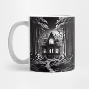Scary house standing alone in dark forest Mug